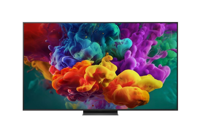 Het vooraanzicht van de LG QNED evo AI QNED86 Mini LED, uitgebracht in 2026, vult het scherm met levendige, vloeiende uitbarstingen van veelkleurige, verfachtige bewegingen, terwijl dichte wolken van kleur naadloos over het scherm versmelten.